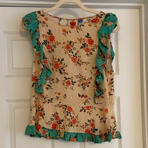 Anthropologie Floral Ruffle Blouse in Green and Cream